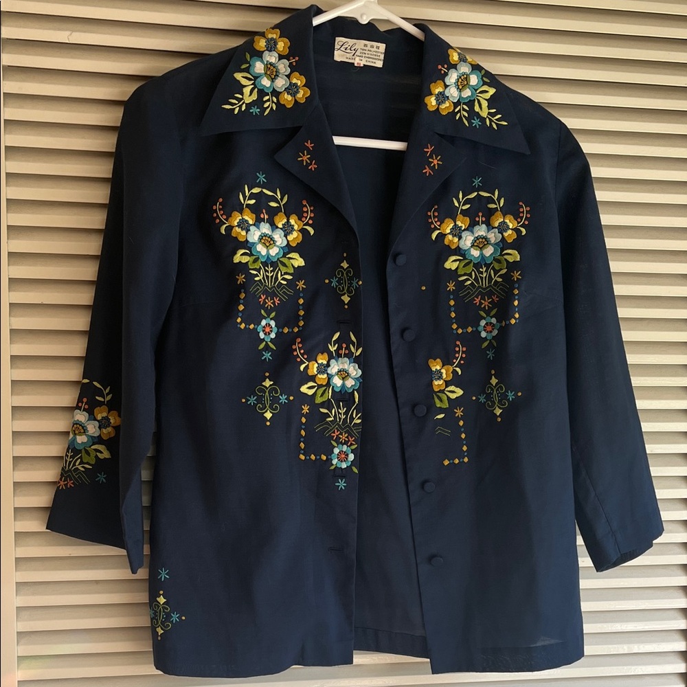 Vintage Embroidered Navy Blouse